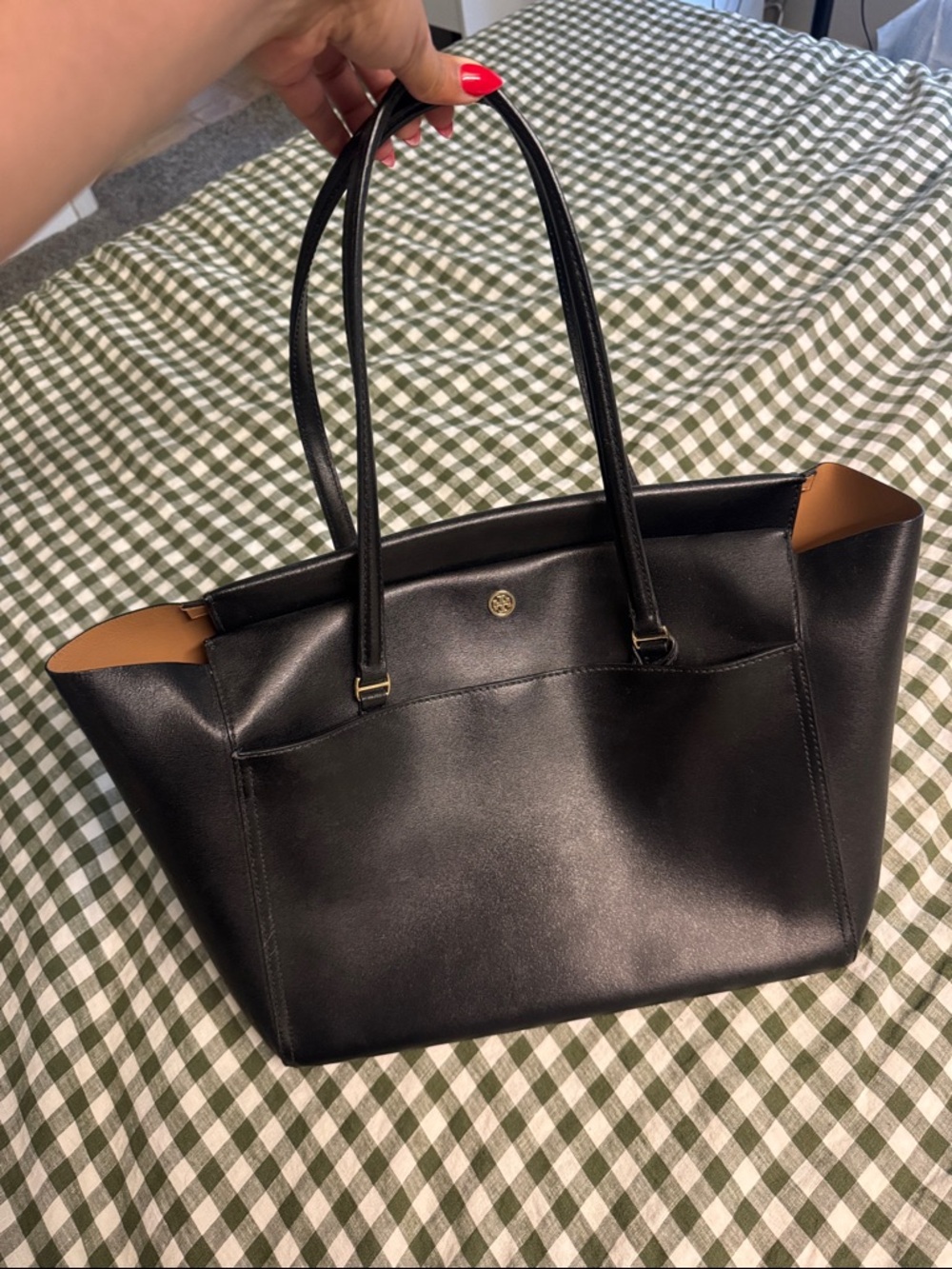 Tory Burch Black Leather Tote with Tan Trim and Gold hardware